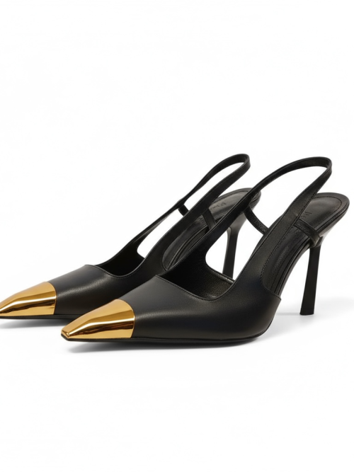 SKIW BLACK LEATHER GOLD DETAILED WOMEN'S HEELS